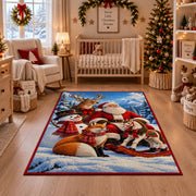 Santa with woodland animals and sleigh in snowy pines area rug, holiday room view 10