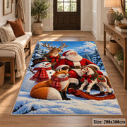 Santa with woodland animals and sleigh in snowy pines area rug, holiday room view 2