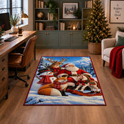 Santa with woodland animals and sleigh in snowy pines area rug, holiday room view 4