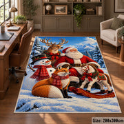 Santa with woodland animals and sleigh in snowy pines area rug, holiday room view 5