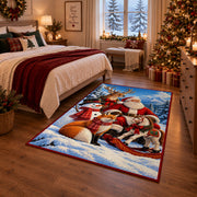Santa with woodland animals and sleigh in snowy pines area rug, holiday room view 6