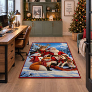 Santa with woodland animals and sleigh in snowy pines area rug, holiday room view 7