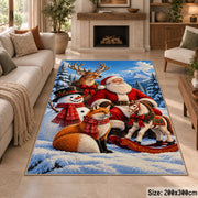 Santa with woodland animals and sleigh in snowy pines area rug, holiday room view 8