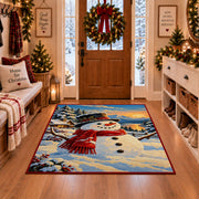 single smiling snowman with red scarf in a winter village area rug, holiday room view 1