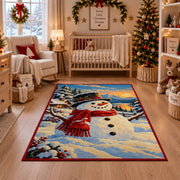 single smiling snowman with red scarf in a winter village area rug, holiday room view 10