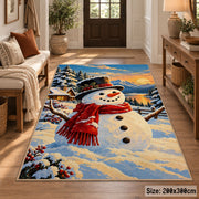 single smiling snowman with red scarf in a winter village area rug, holiday room view 2