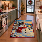 single smiling snowman with red scarf in a winter village area rug, holiday room view 3