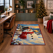 single smiling snowman with red scarf in a winter village area rug, holiday room view 4