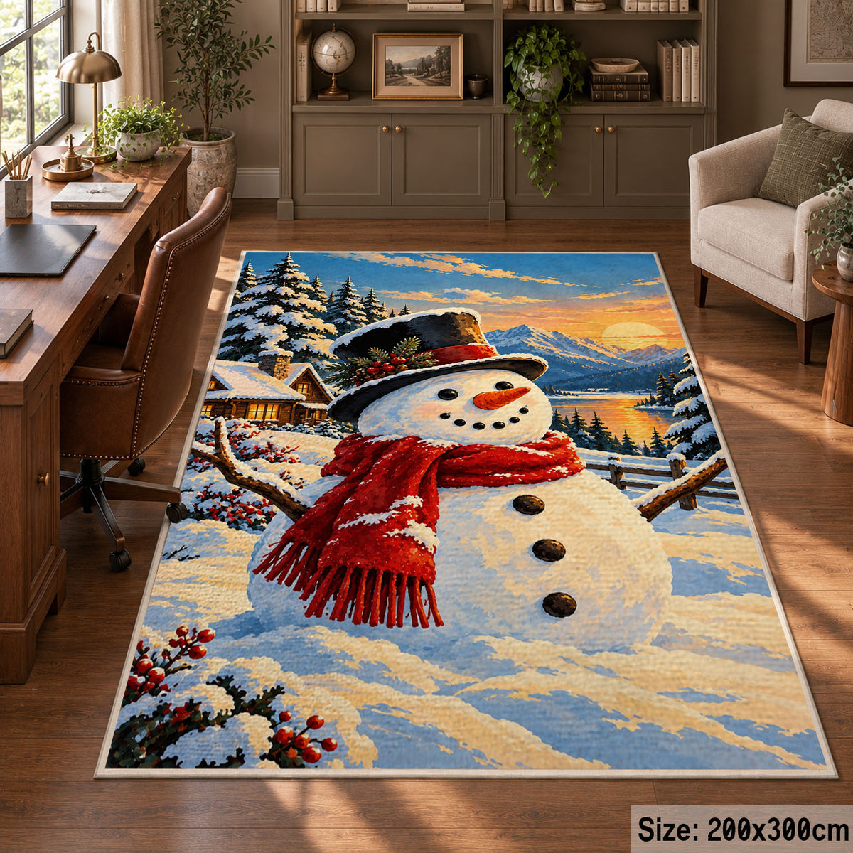 single smiling snowman with red scarf in a winter village area rug, holiday room view 5