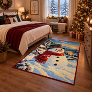 single smiling snowman with red scarf in a winter village area rug, holiday room view 6