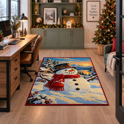 single smiling snowman with red scarf in a winter village area rug, holiday room view 7