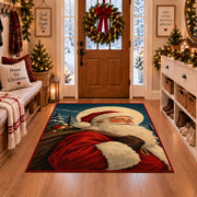 close portrait of Santa against evergreen trees and a full moon area rug, holiday room view 1