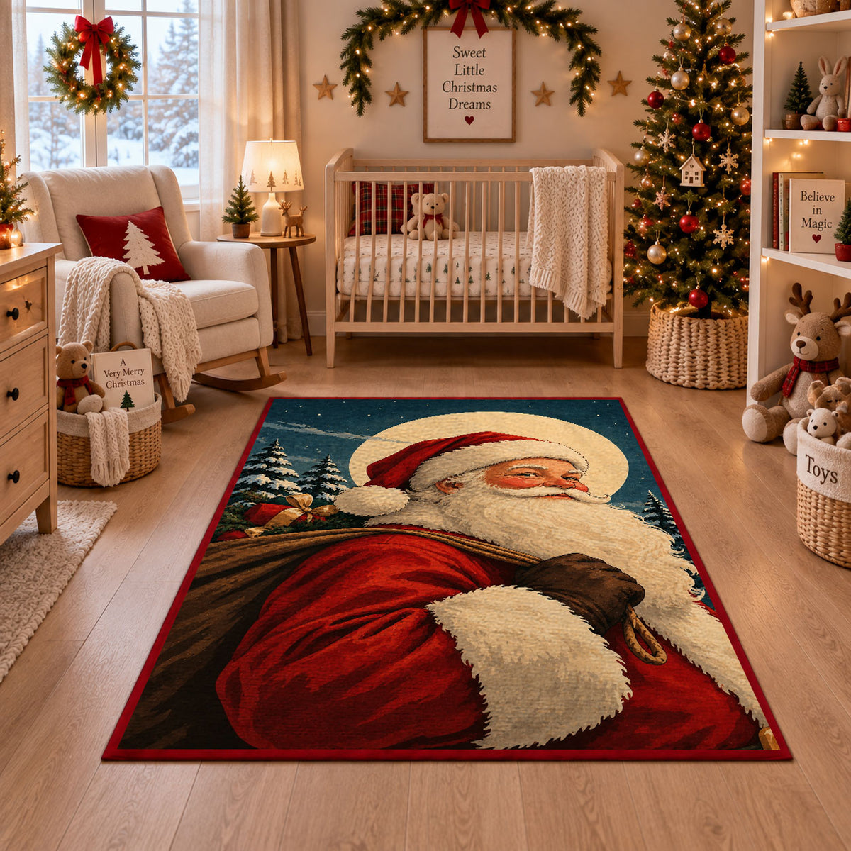 close portrait of Santa against evergreen trees and a full moon area rug, holiday room view 10