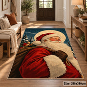 close portrait of Santa against evergreen trees and a full moon area rug, holiday room view 2