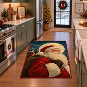 close portrait of Santa against evergreen trees and a full moon area rug, holiday room view 3