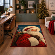 close portrait of Santa against evergreen trees and a full moon area rug, holiday room view 4