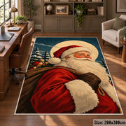 close portrait of Santa against evergreen trees and a full moon area rug, holiday room view 5