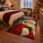 close portrait of Santa against evergreen trees and a full moon area rug, holiday room view 6