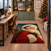 close portrait of Santa against evergreen trees and a full moon area rug, holiday room view 7