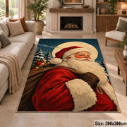close portrait of Santa against evergreen trees and a full moon area rug, holiday room view 8