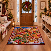 gingerbread cookie family in front of a festive village area rug, holiday room view 1