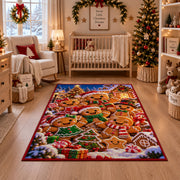 gingerbread cookie family in front of a festive village area rug, holiday room view 10