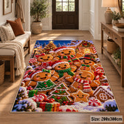 gingerbread cookie family in front of a festive village area rug, holiday room view 2