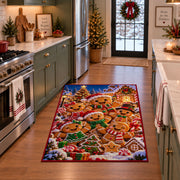 gingerbread cookie family in front of a festive village area rug, holiday room view 3