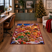gingerbread cookie family in front of a festive village area rug, holiday room view 4