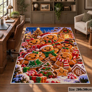 gingerbread cookie family in front of a festive village area rug, holiday room view 5