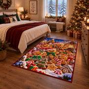 gingerbread cookie family in front of a festive village area rug, holiday room view 6