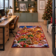 gingerbread cookie family in front of a festive village area rug, holiday room view 7