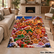 gingerbread cookie family in front of a festive village area rug, holiday room view 8