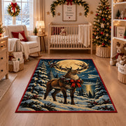 reindeer with a red bow in a snowy forest area rug, holiday room view 10