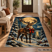 reindeer with a red bow in a snowy forest area rug, holiday room view 2
