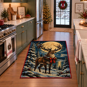reindeer with a red bow in a snowy forest area rug, holiday room view 3