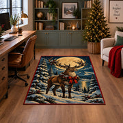 reindeer with a red bow in a snowy forest area rug, holiday room view 4