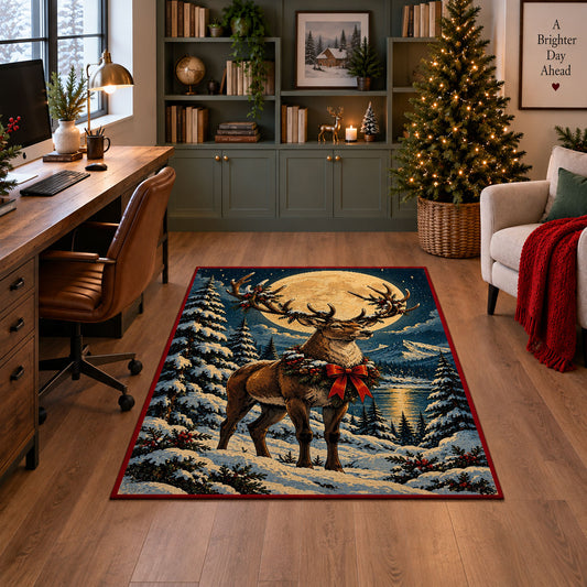 reindeer with a red bow in a snowy forest area rug, holiday room view 4