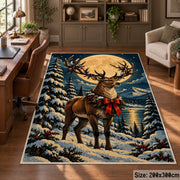 reindeer with a red bow in a snowy forest area rug, holiday room view 5
