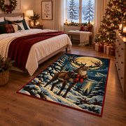 reindeer with a red bow in a snowy forest area rug, holiday room view 6