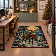 reindeer with a red bow in a snowy forest area rug, holiday room view 7