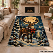 reindeer with a red bow in a snowy forest area rug, holiday room view 8
