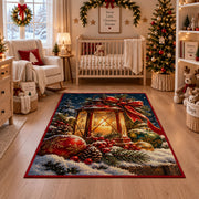 glowing lantern with red ribbon, pine branches and winter berries area rug, holiday room view 10