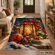 glowing lantern with red ribbon, pine branches and winter berries area rug, holiday room view 2