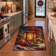 glowing lantern with red ribbon, pine branches and winter berries area rug, holiday room view 3