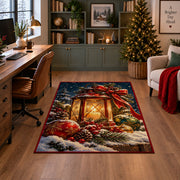 glowing lantern with red ribbon, pine branches and winter berries area rug, holiday room view 4