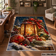 glowing lantern with red ribbon, pine branches and winter berries area rug, holiday room view 5