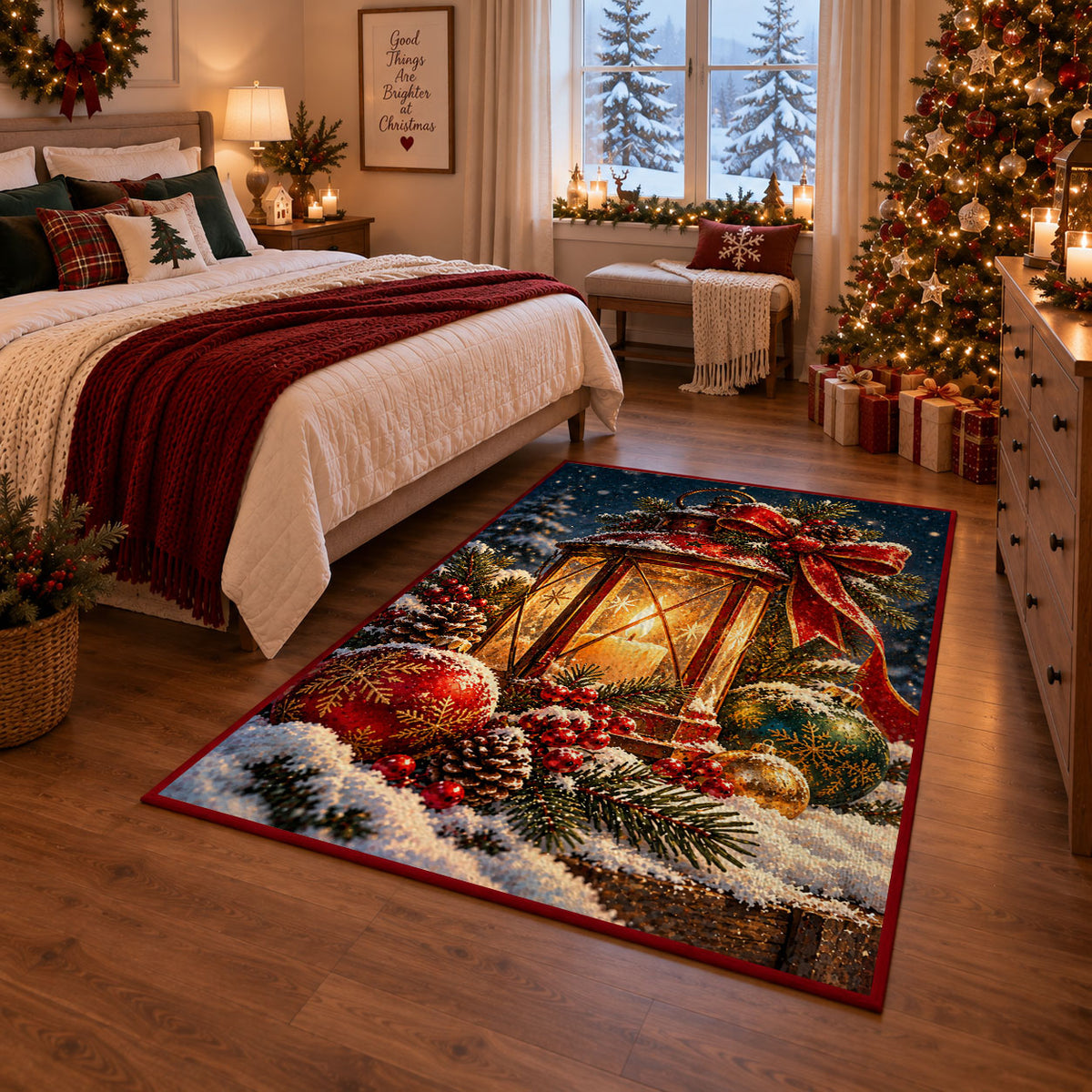 glowing lantern with red ribbon, pine branches and winter berries area rug, holiday room view 6