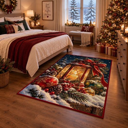 glowing lantern with red ribbon, pine branches and winter berries area rug, holiday room view 6