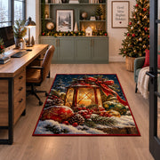 glowing lantern with red ribbon, pine branches and winter berries area rug, holiday room view 7